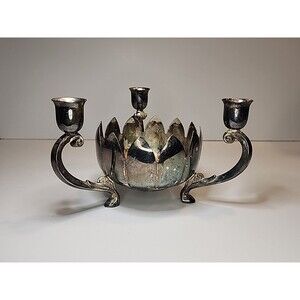 Vintage Leonard Silver Plated Lotus 3 Arm Candle Holder Flower Vase Centerpiece